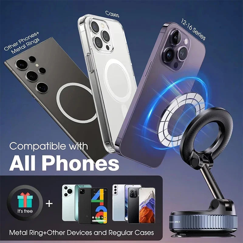 Magnetic Car Phone Holder – 360° Rotation, Strong Vacuum Suction Mount for All Smartphones