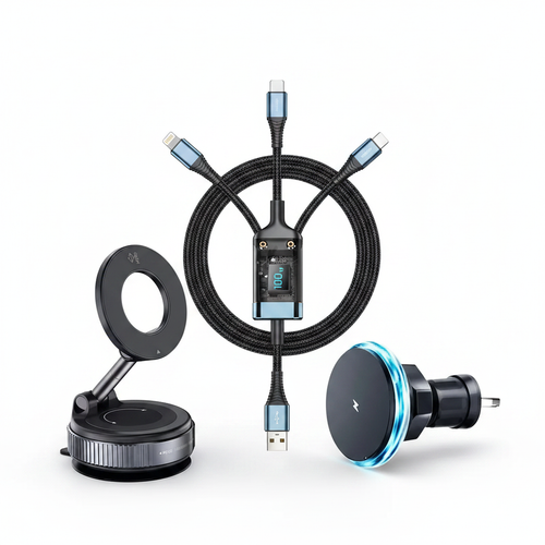 Car Essentials Bundle - Phone Holder, Wireless Charger and USB Cable